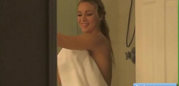  Sexy busty blonde teen amateur Zoey play with her juicy bald pink pussy and big boobs in the shower